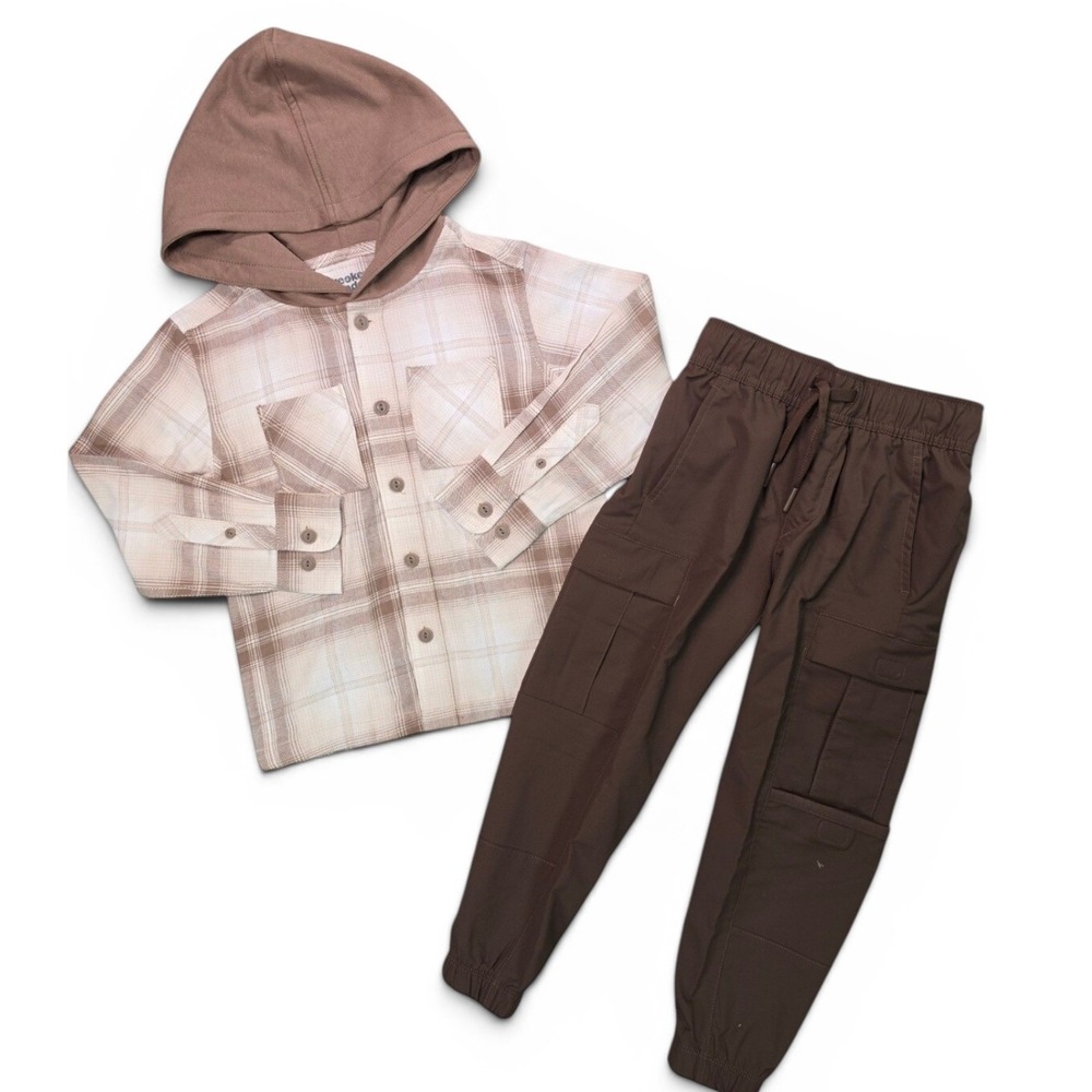 Weekend Academy Hooded Plaid Shirt Wonder Nation Cargo Joggers Boys XS 4-5